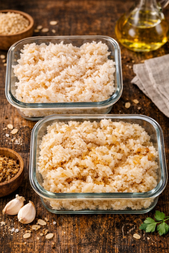 Two glass containers of cooked rice on a wooden table.