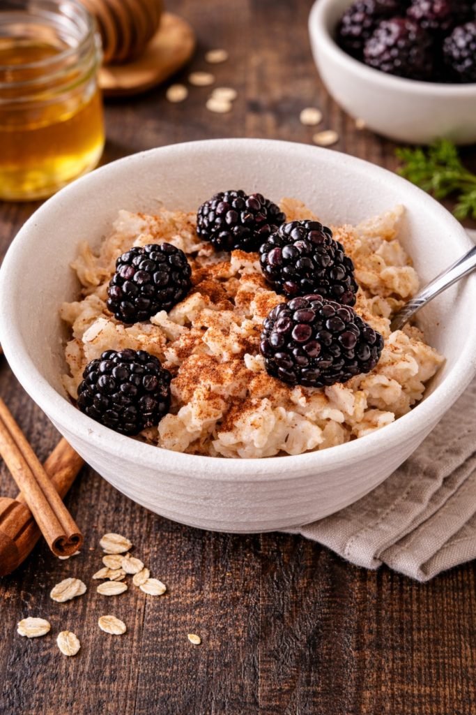 A bowl of oatmeal topped with blackberries and cinnamon.