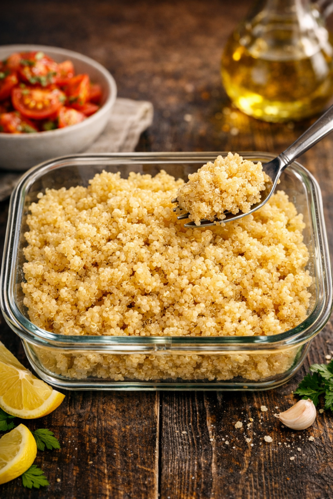 A glass container of quinoa, a fork lifting a scoop.