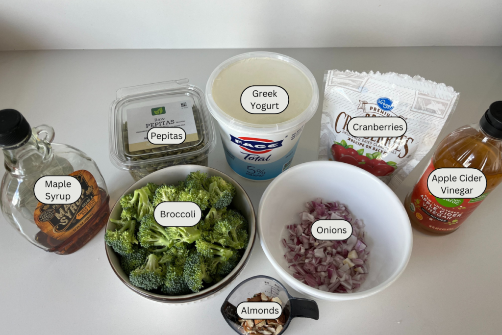 Ingredients for broccoli salad.