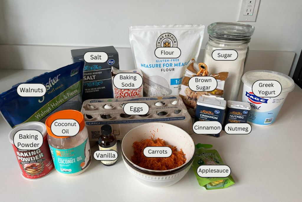 Ingredients for carrot cake bars on a counter.