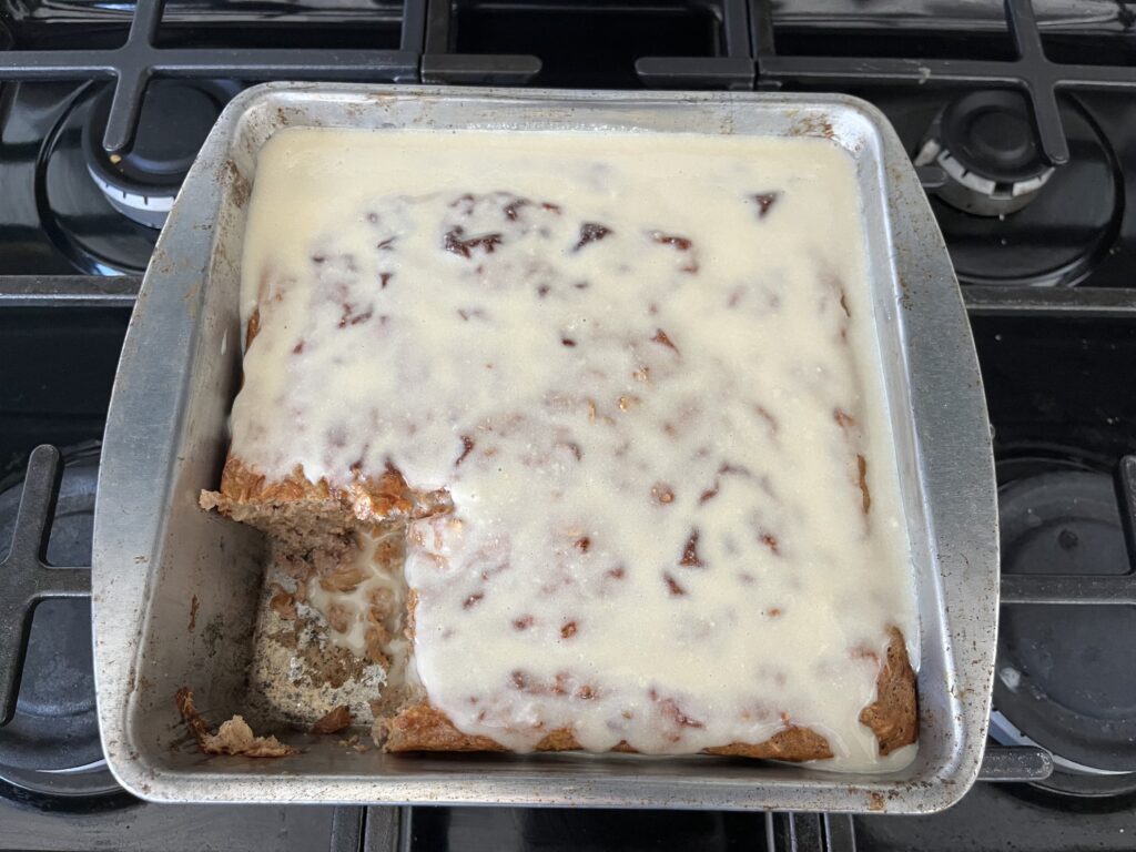 Carrot cake baked oatmeal with protein icing.