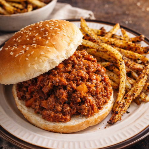 A plate of baked fries and a sloppy joe sandwich.