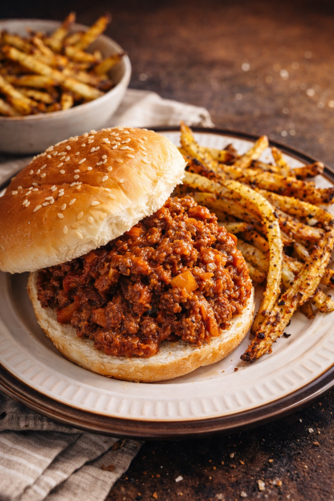 A plate of baked fries and a sloppy joe sandwich.
