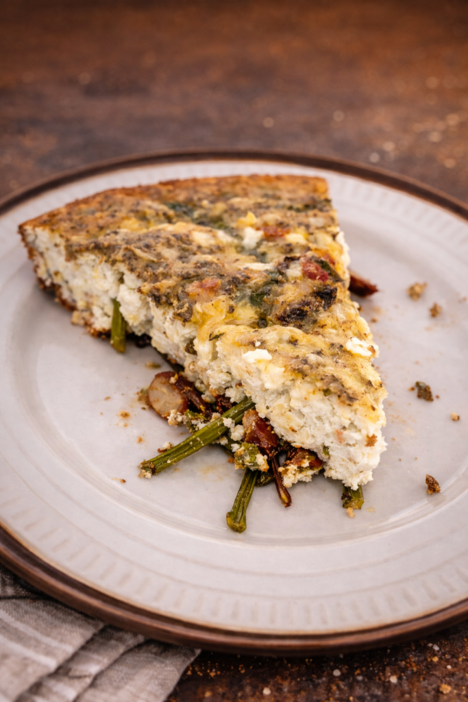 A slice of an asparagus mushroom frittata on a plate.