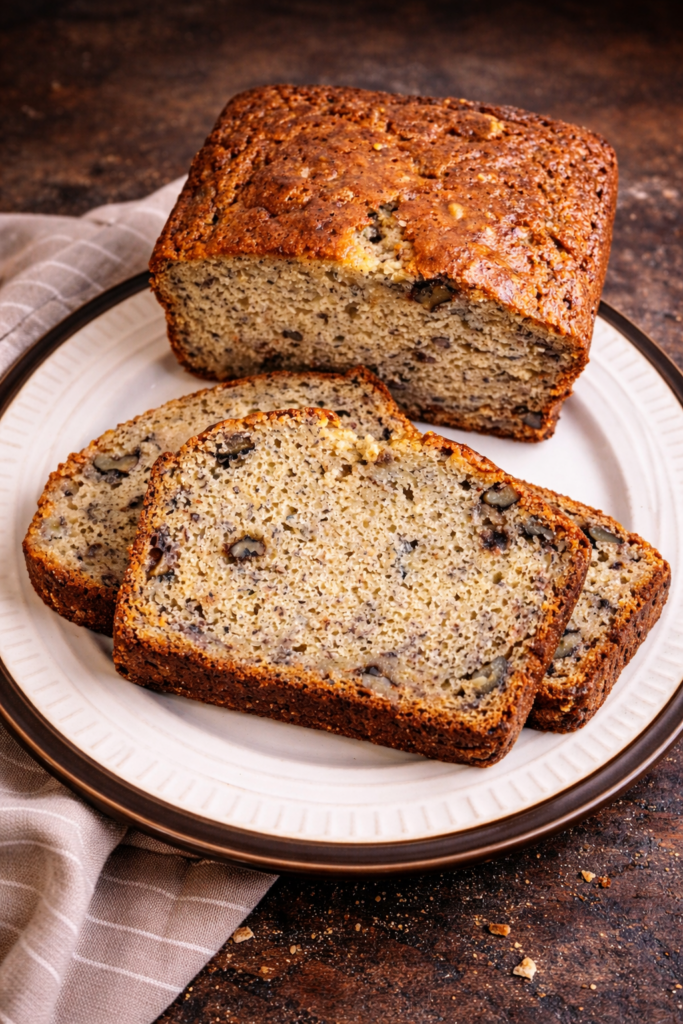 A plate with half a loaf of banana bread and two slices. 