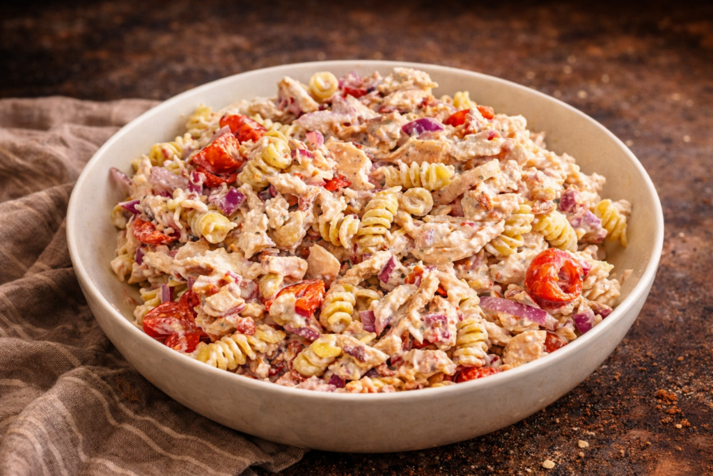 A bowl of chicken bacon ranch pasta salad.
