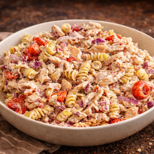 A bowl of chicken bacon ranch pasta salad.