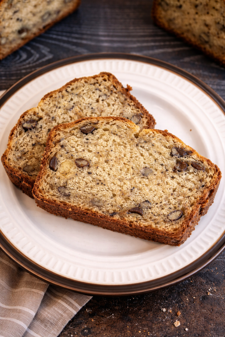 Two slices of homemade banana bread on a plate.