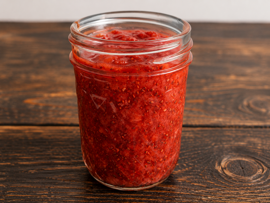 A jar of homemade strawberry chia jam.