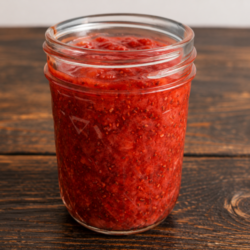 A jar of homemade strawberry chia jam.