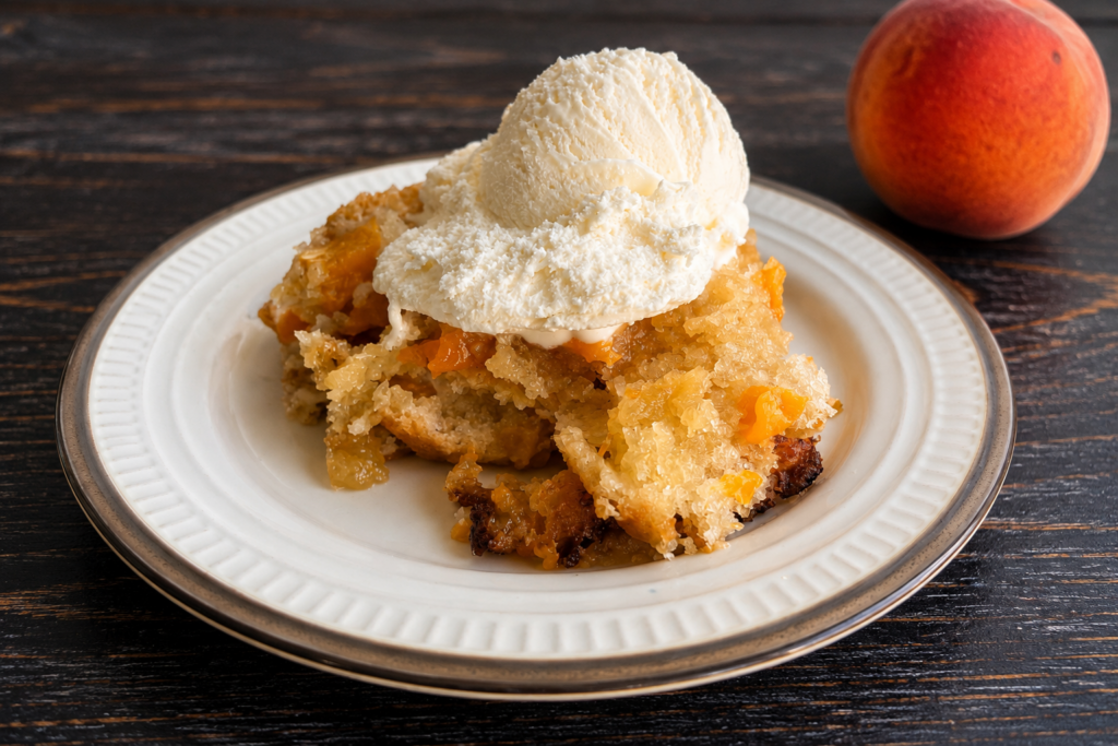 A serving of easy peach cobbler with fresh peaches on a plate topped with vanilla ice cream.
