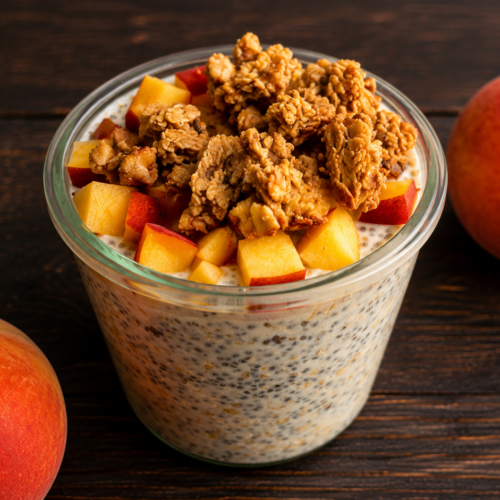 A Weck jar of peaches and cream oats topped with diced peachs and granola, two peaches next to the jar.