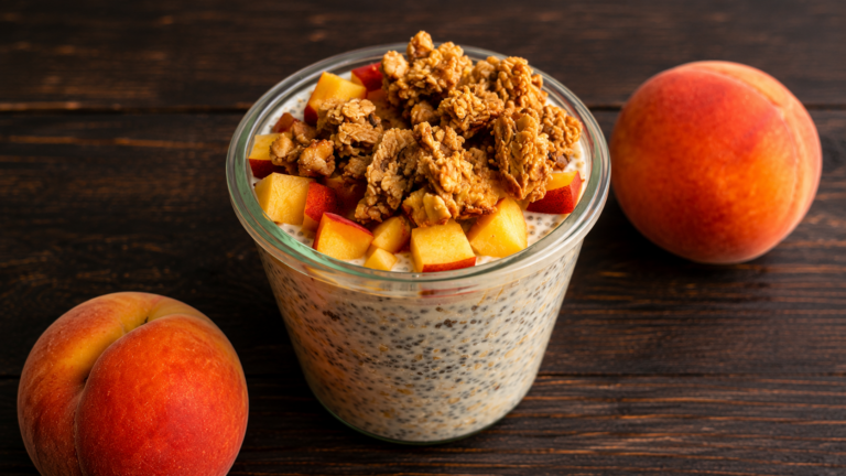 A Weck jar of peaches and cream oats topped with diced peachs and granola, two peaches next to the jar.