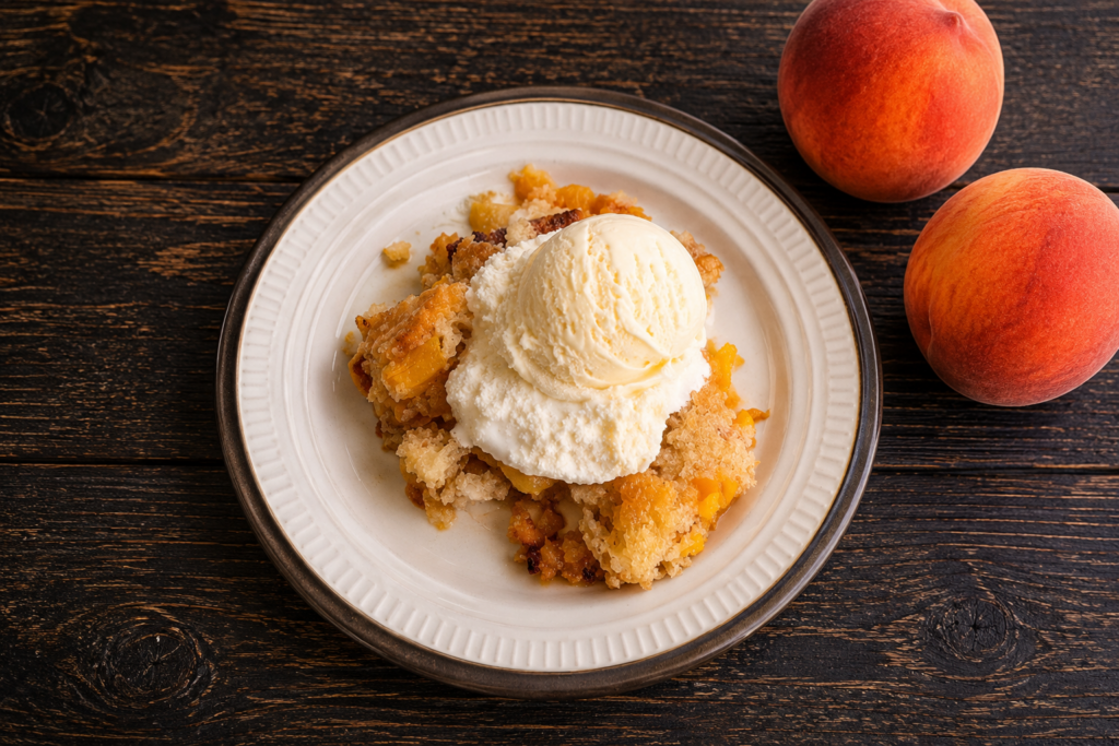 A serving of peach cobbler on a plate topped with vanilla ice cream.