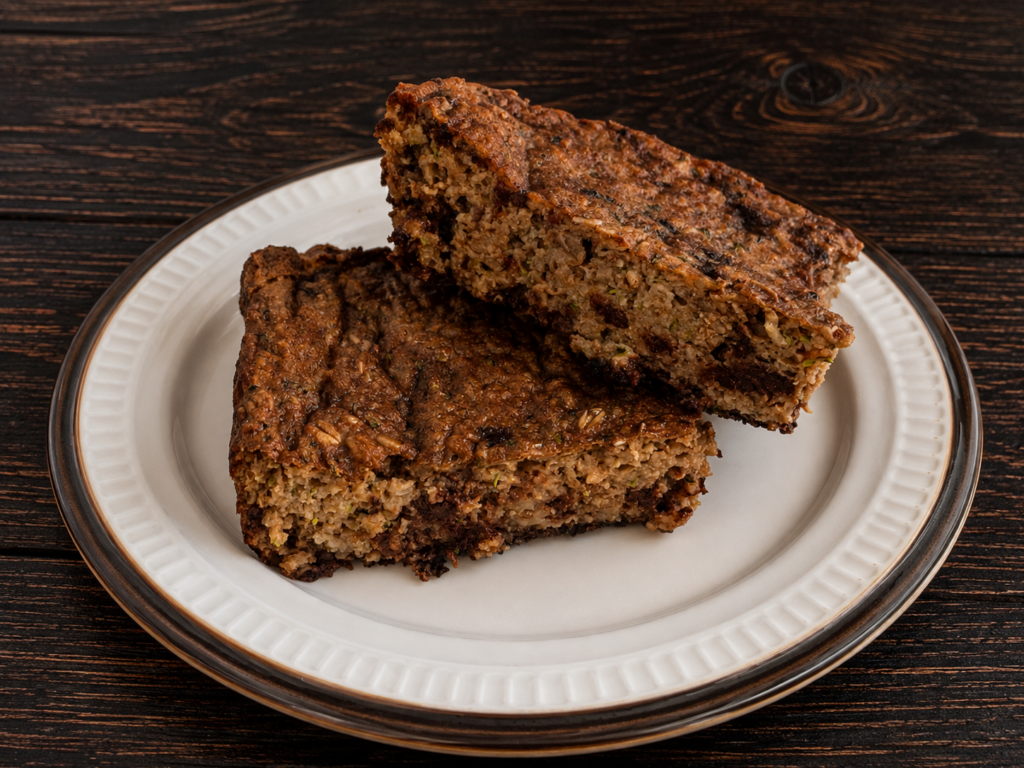 Two slices of double-chocolate zucchini baked oats on a plate.