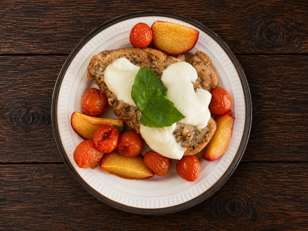 A plate of peach chicken topped with mozzarella and basil surrounded by sliced peaches and cherry tomatoes.