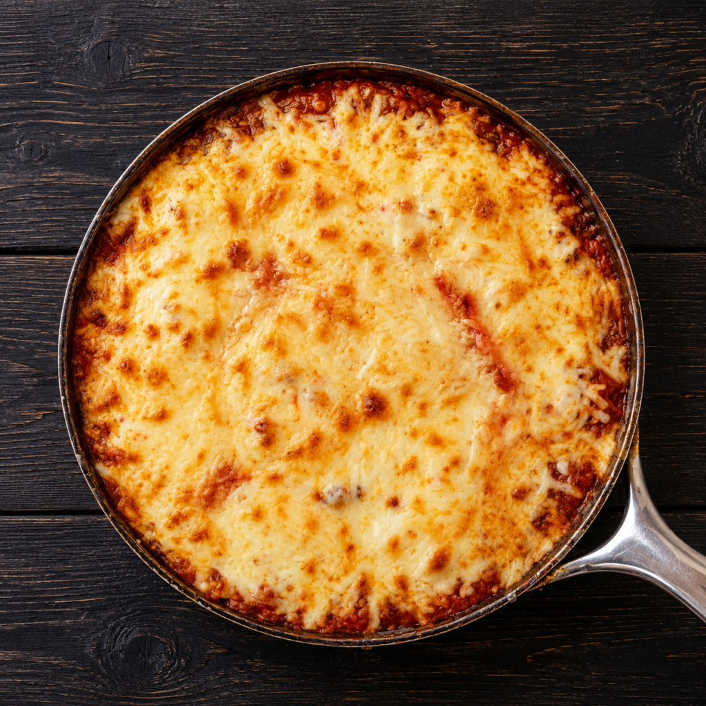 Skillet lasagna in a skillet with melted mozzarella cheese on top.