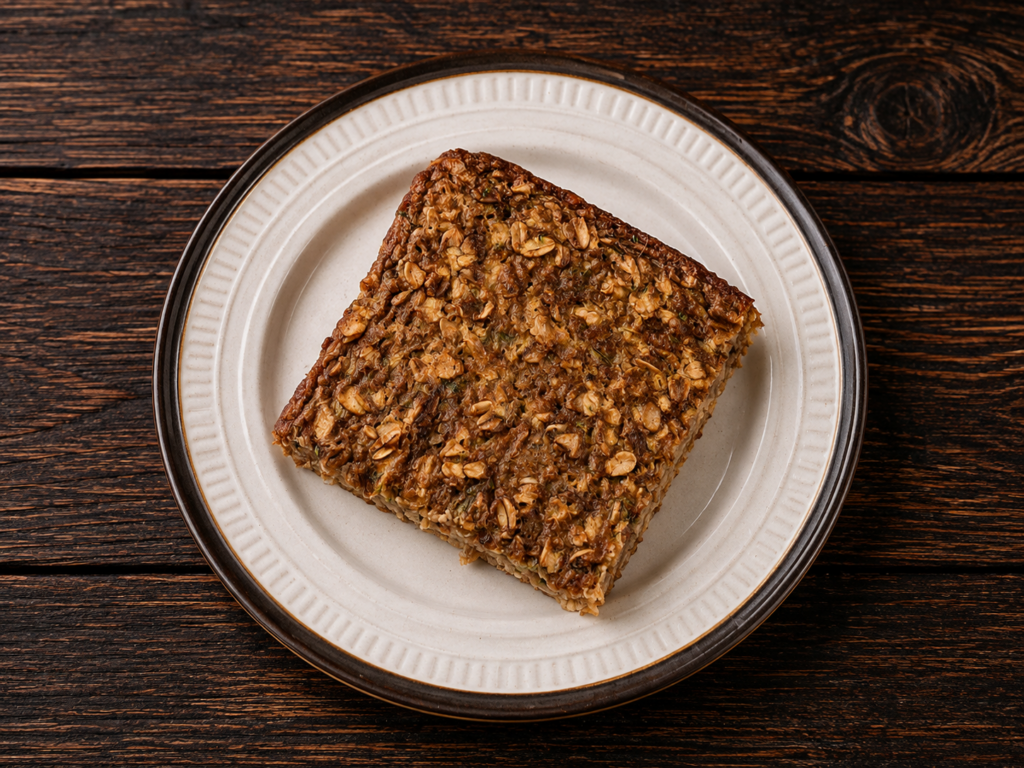 A square of zucchini baked oatmeal on a plate. 